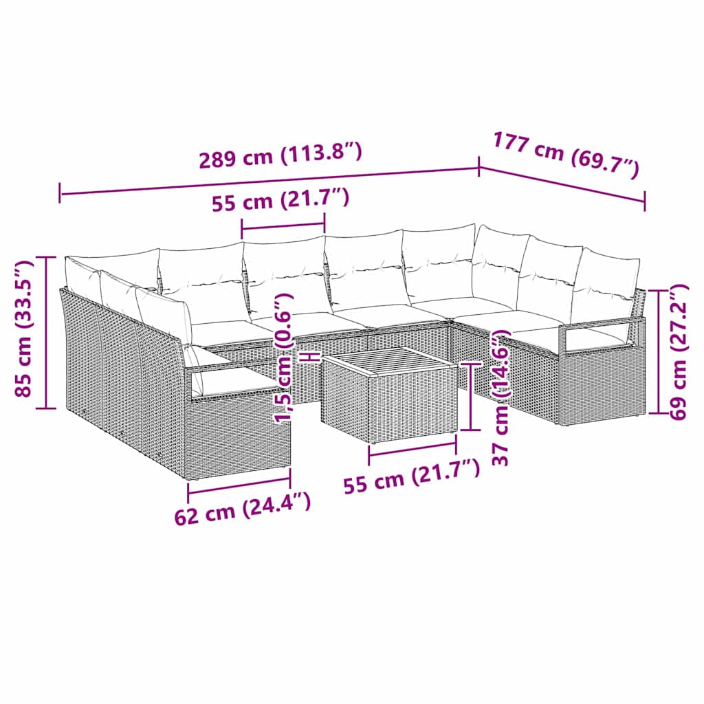 Gartensofa-set mit Kissen 10 pcs Beige Poly-Rattan