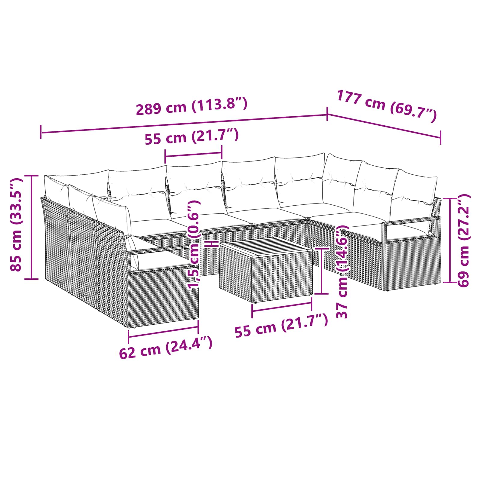 Gartensofa-set mit Kissen 10 pcs Grau Poly-Rattan