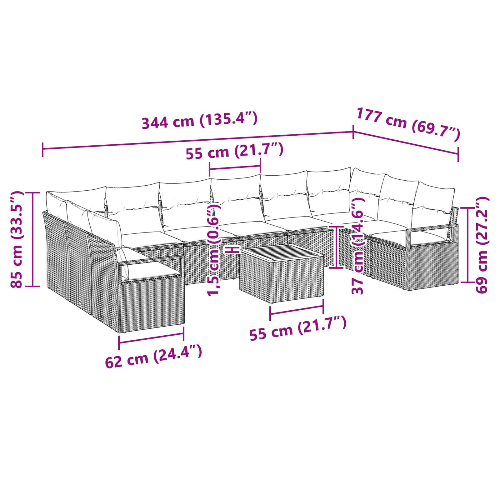 Gartensofa-set mit Kissen 11 pcs Schwarz Poly-Rattan