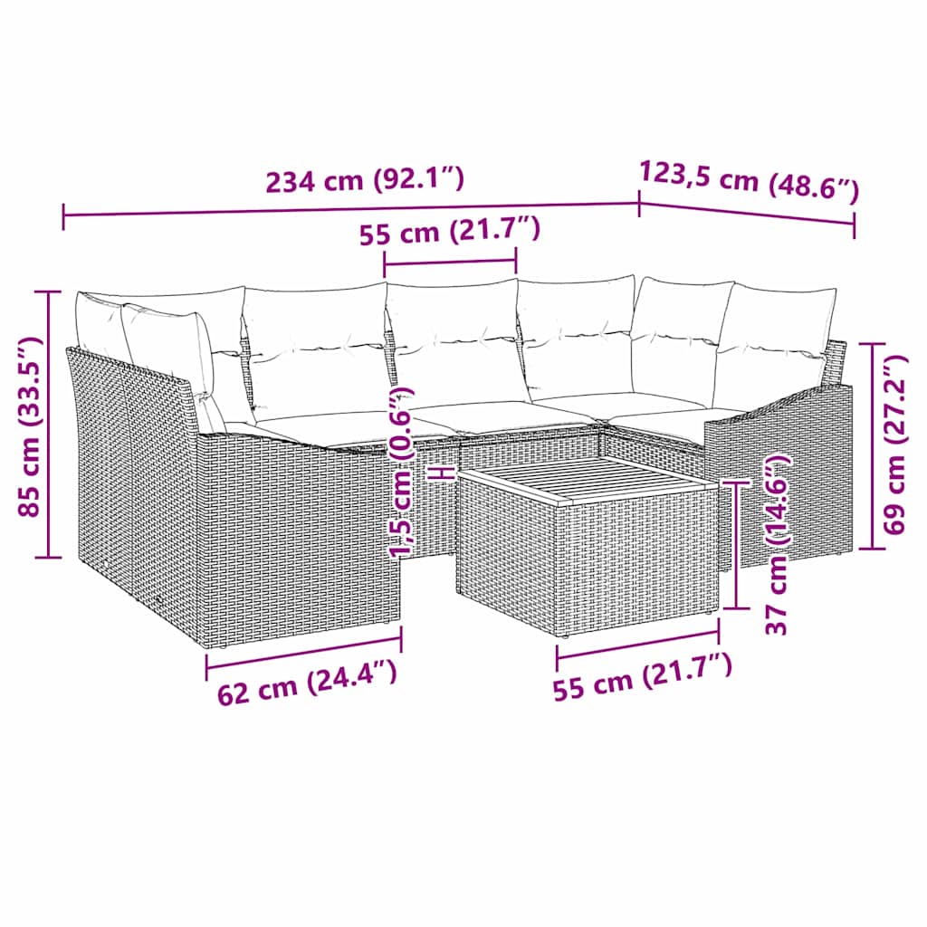 Gartensofa-set mit Kissen 7 pcs Grau Poly-Rattan