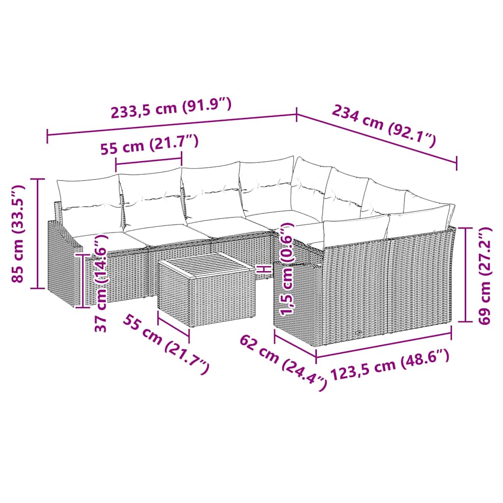 Gartensofa-set mit Kissen 9 pcs Grau Poly-Rattan