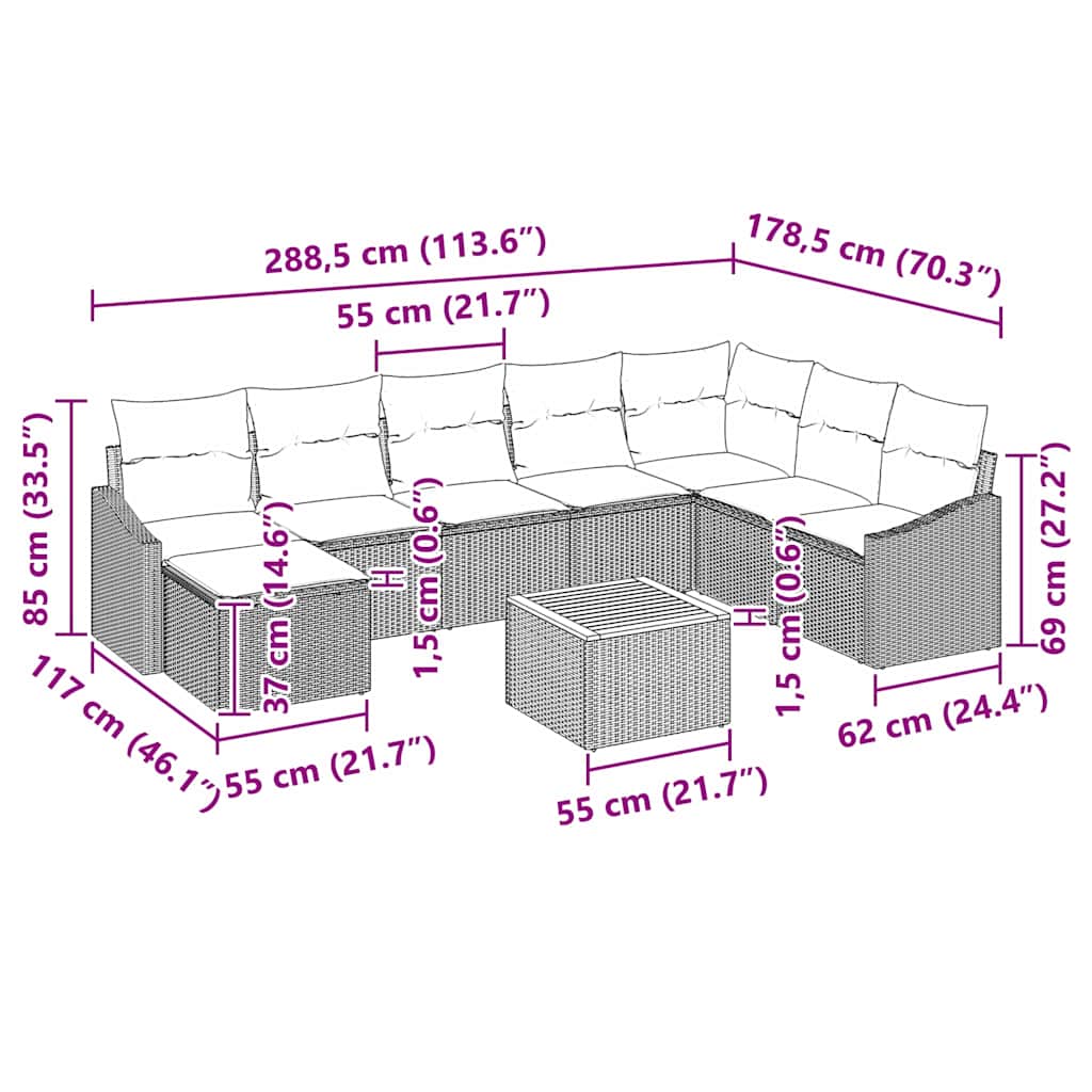Gartensofa-set mit Kissen 9 pcs Beige Poly-Rattan