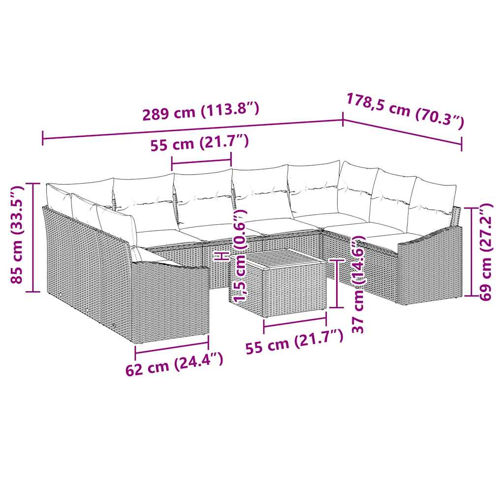 Gartensofa-set mit Kissen 10 pcs Schwarz Poly-Rattan