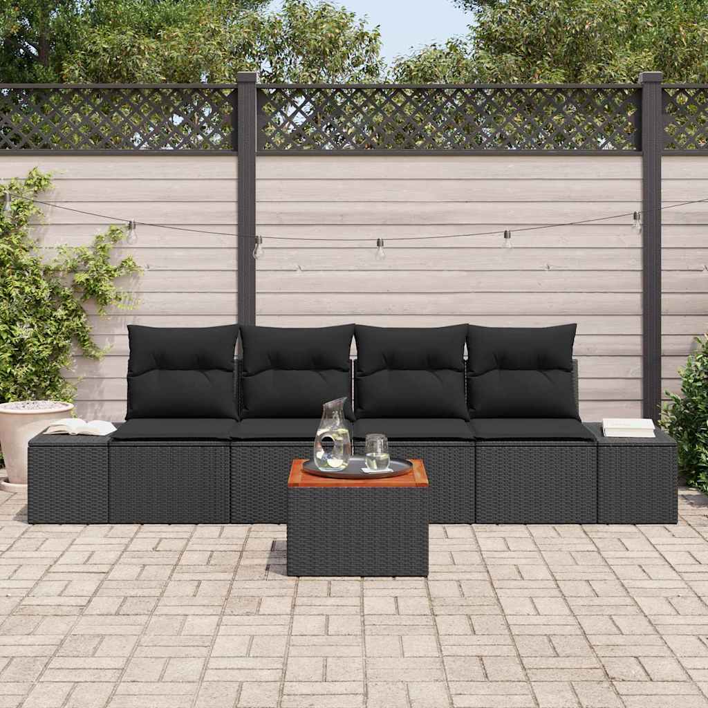 Gartensofa-set mit Kissen 5 pcs Schwarz Poly-Rattan
