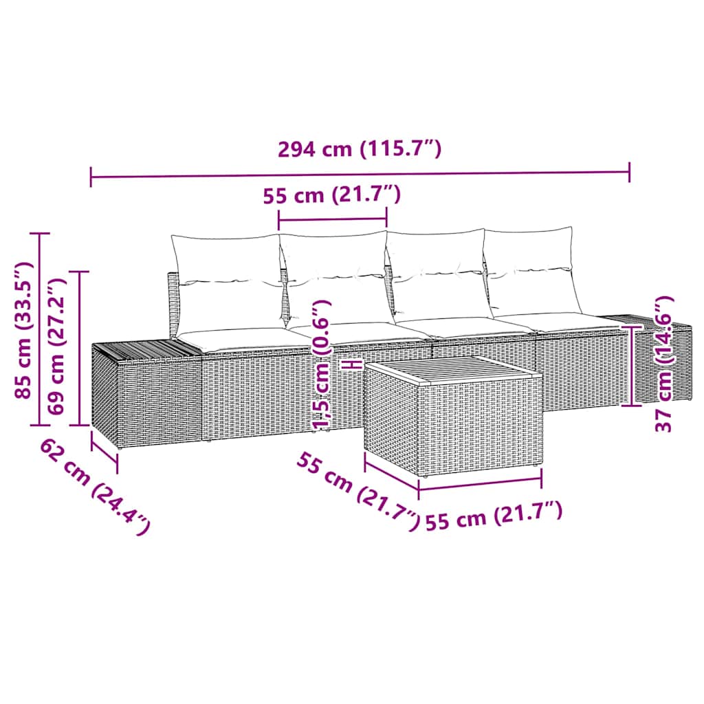 Gartensofa-set mit Kissen 5 pcs Schwarz Poly-Rattan