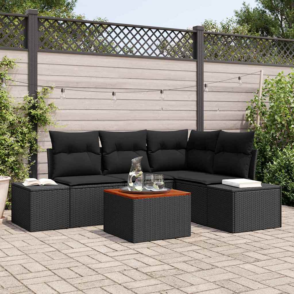 Gartensofa-set mit Kissen 5 pcs Schwarz Poly-Rattan