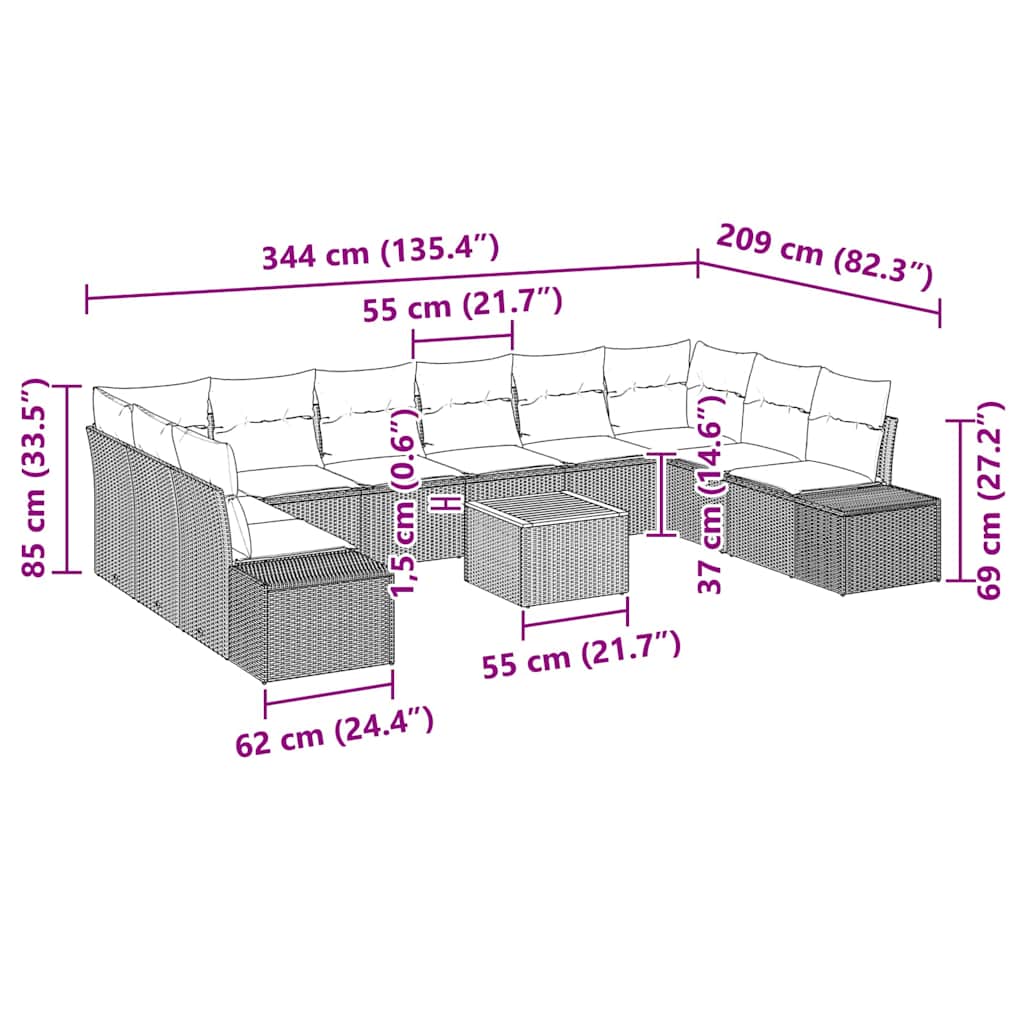 Gartensofa-set mit Kissen 11 pcs Beige Poly-Rattan