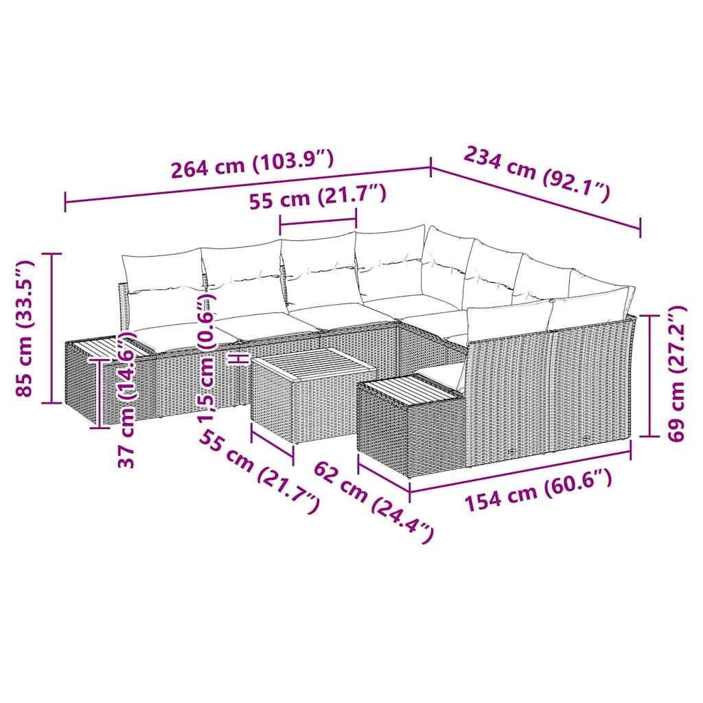 Gartensofa-set mit Kissen 9 pcs Schwarz Poly Rattan