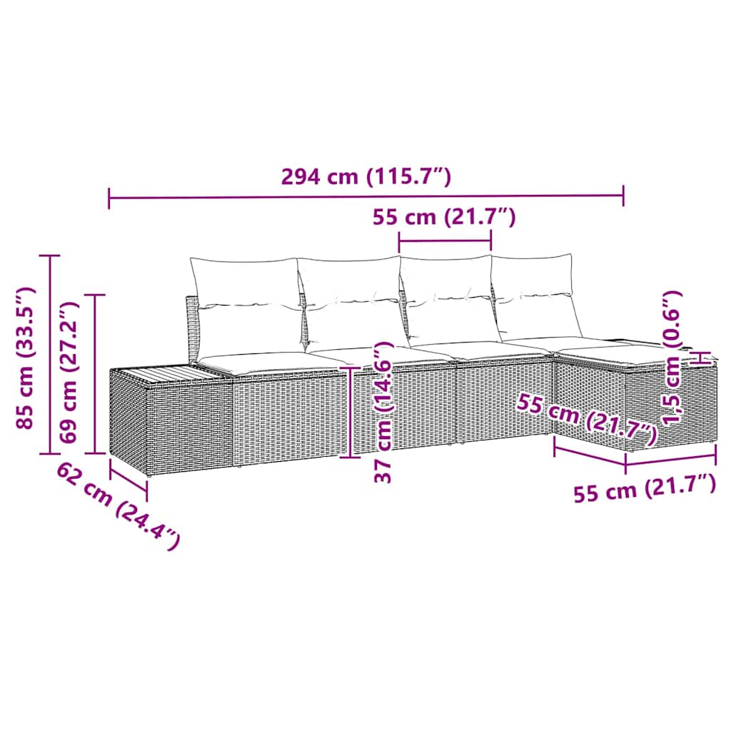 Gartensofa-set mit Kissen 5 pcs Beige Poly Rattan