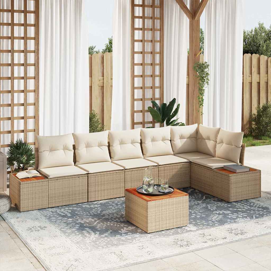 Gartensofa-set mit Kissen 7 pcs Beige Poly Rattan