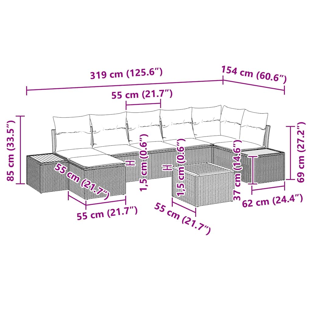 Gartensofa-set mit Kissen 8 pcs Grau Poly Rattan