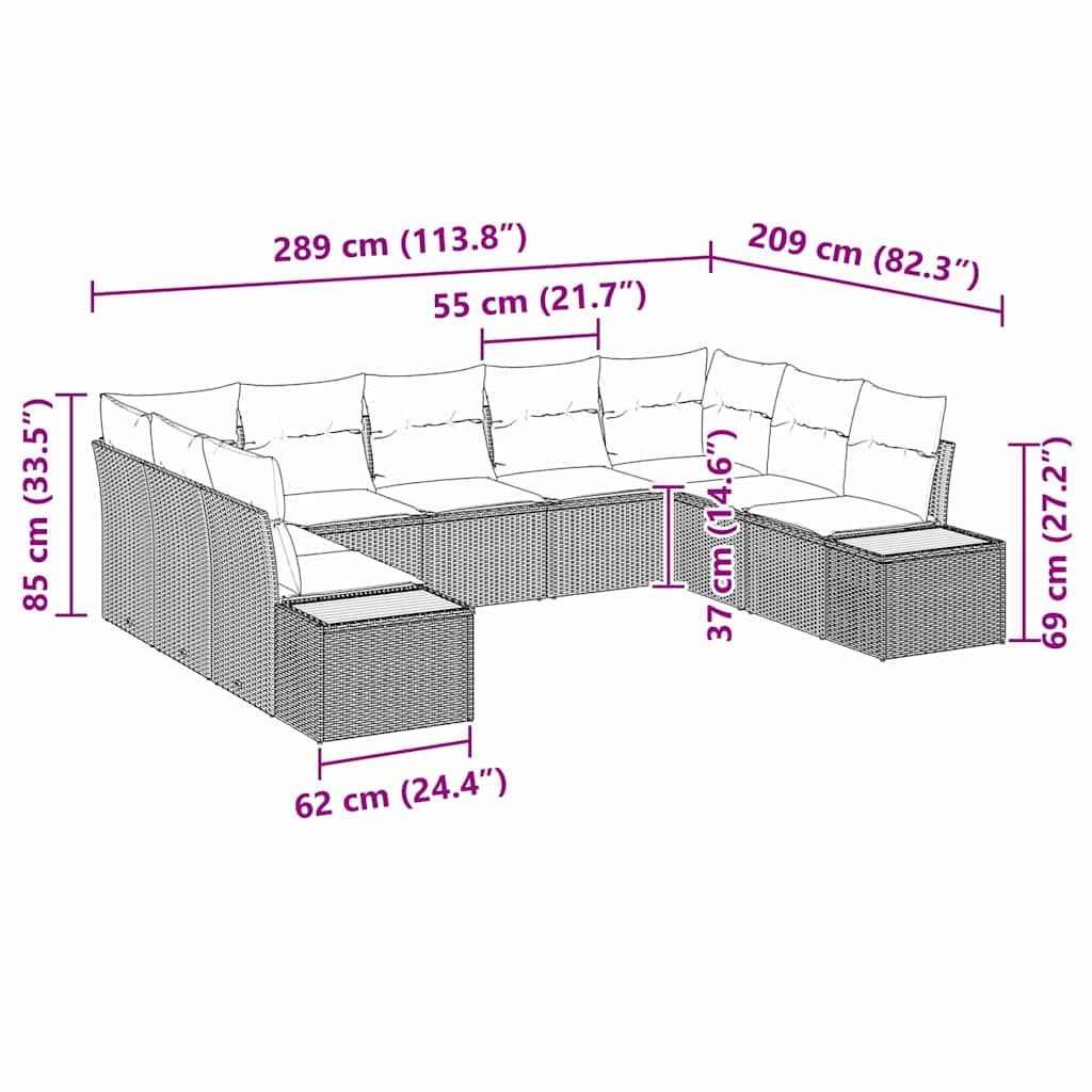 Gartensofa-set mit Kissen 9 pcs Grau Poly Rattan