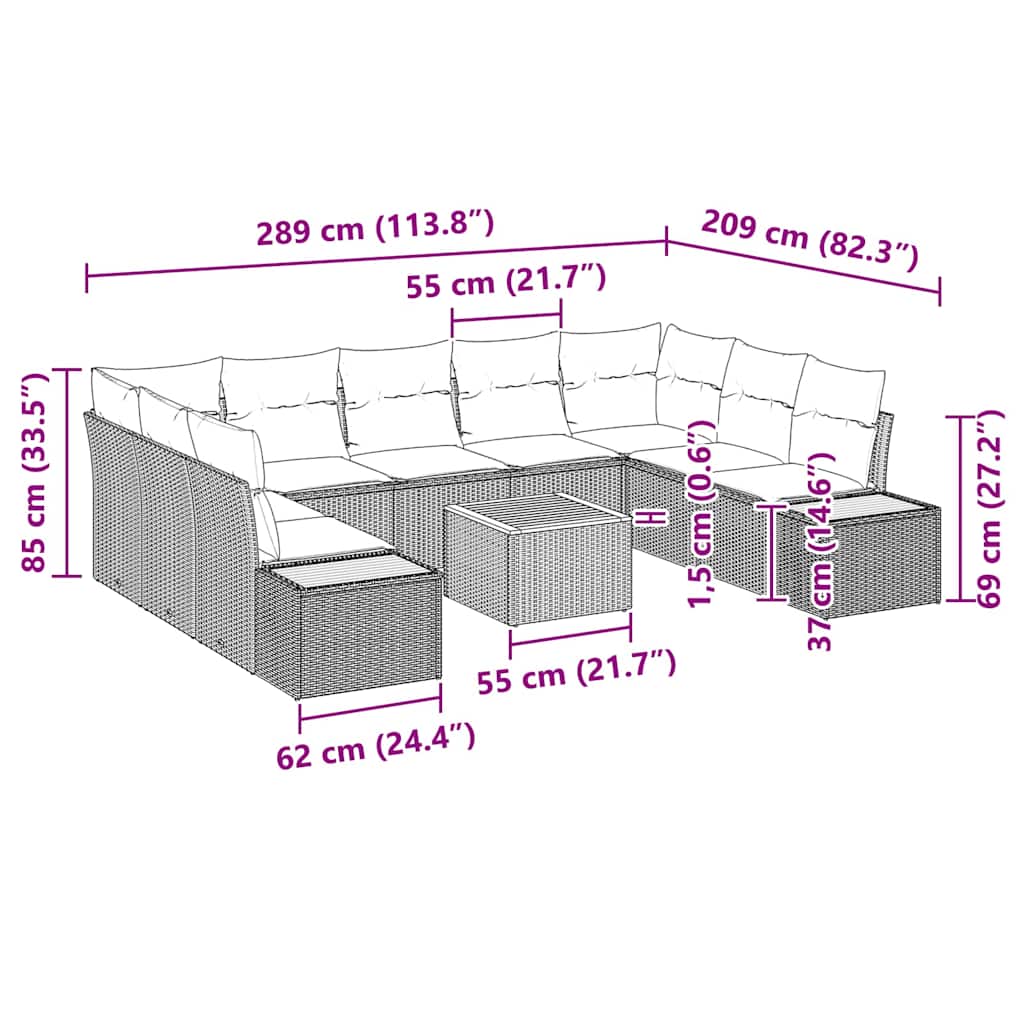 Gartensofa-set mit Kissen 10 pcs Grau Poly Rattan