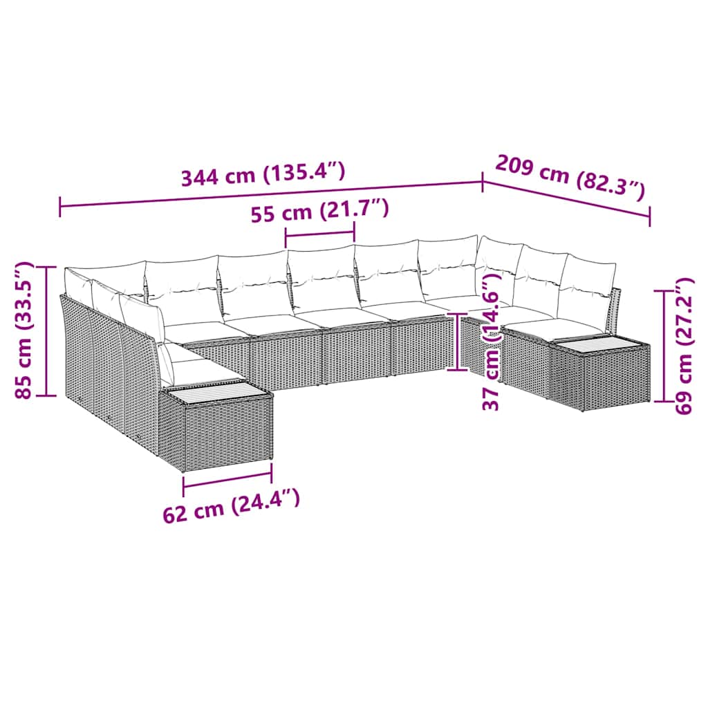 Gartensofa-set mit Kissen 10 pcs Beige Poly Rattan