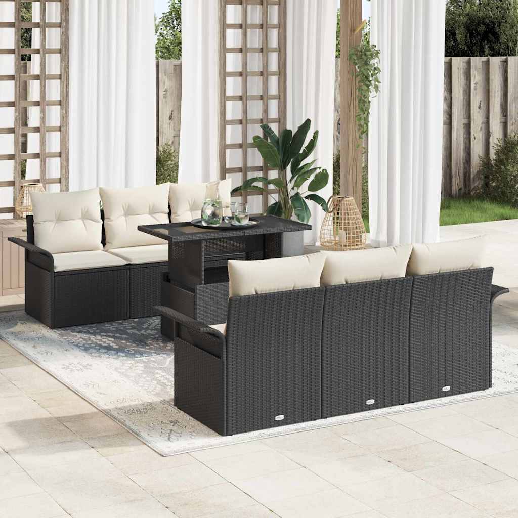 Gartensofa-set mit Kissen 7 pcs Schwarz Poly-Rattan