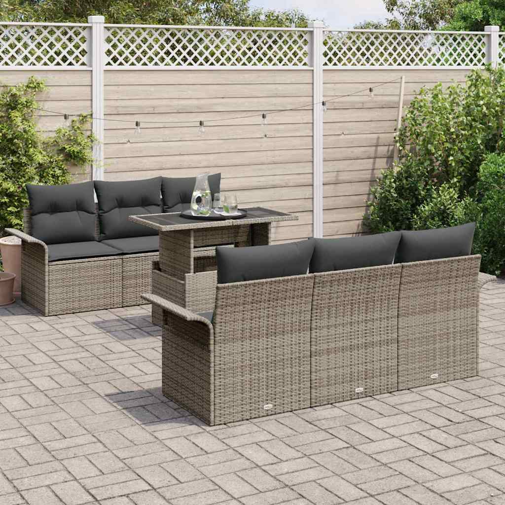 Gartensofa-set mit Kissen 7 pcs Grau Poly-Rattan