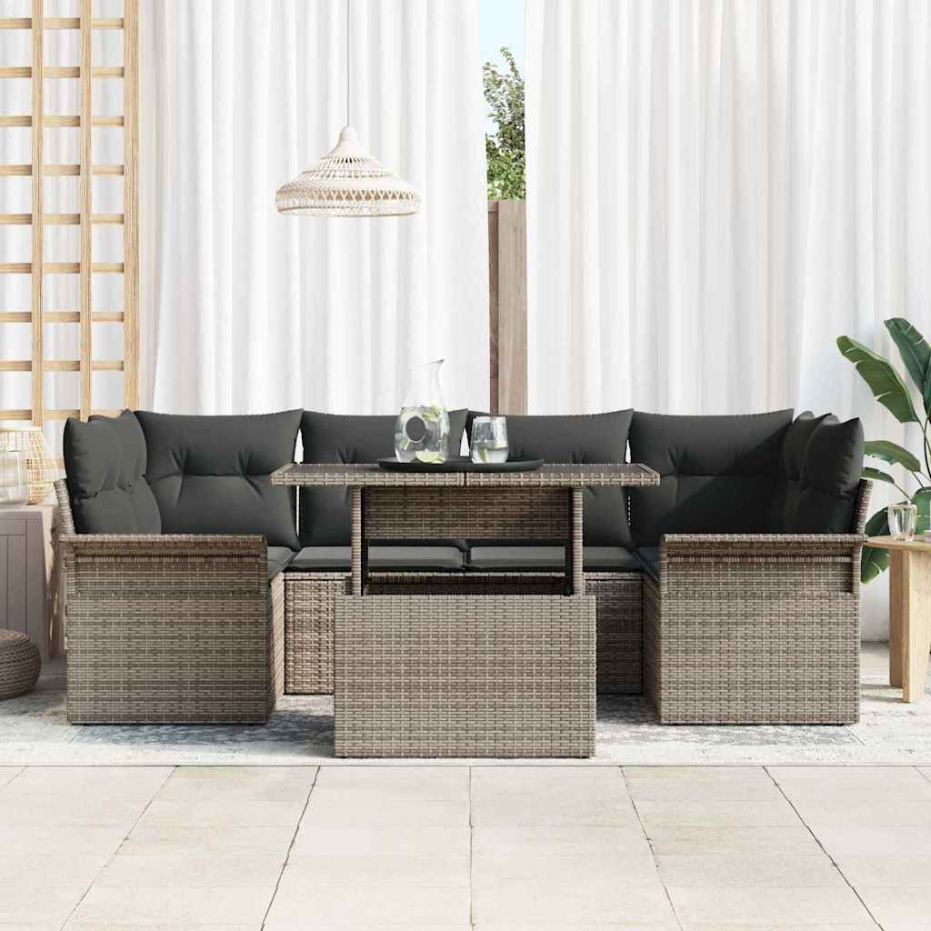 Garten-Sofa-Set mit Kissen 7 pcs Grau Poly Rattan