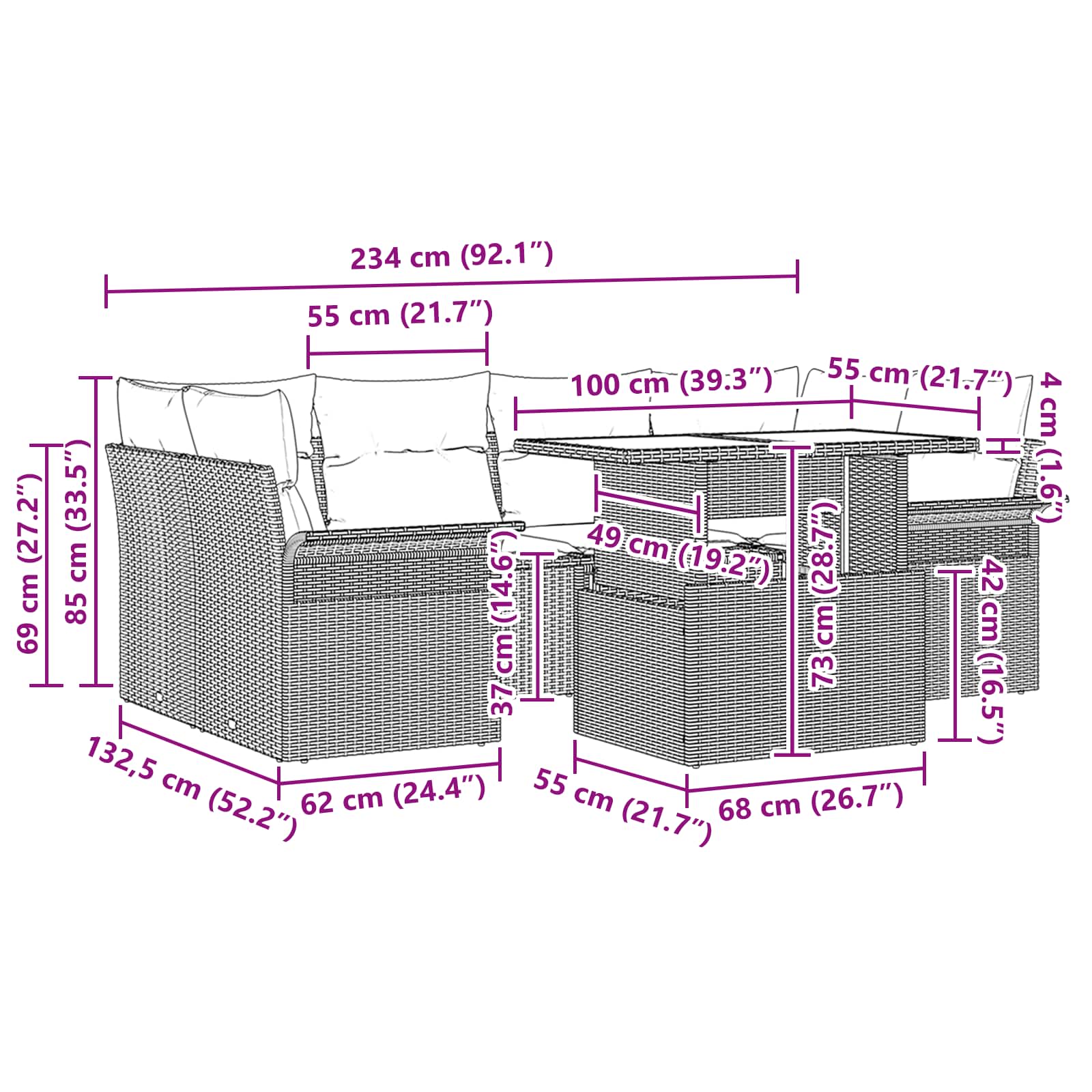 Gartensofa-set mit Kissen 7 pcs Grau Poly-Rattan