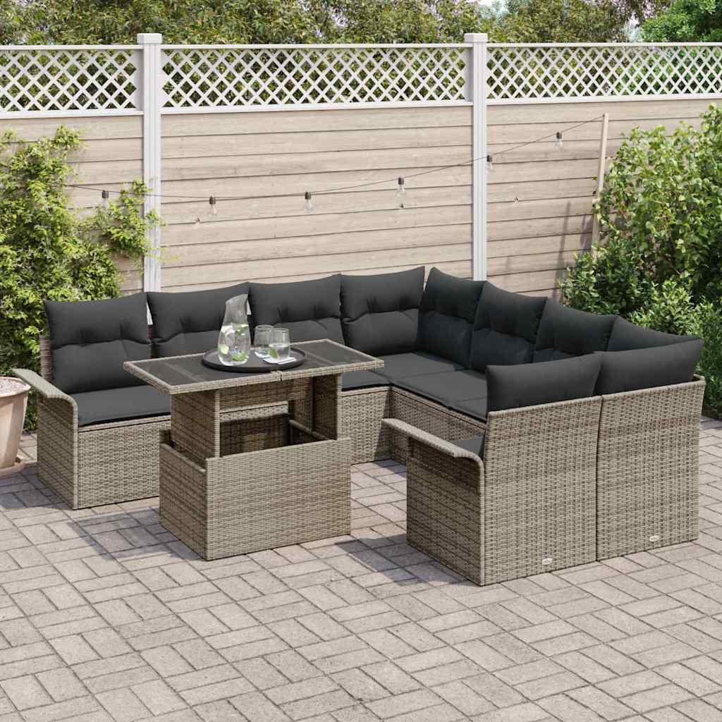Gartensofa-set mit Kissen 9 pcs Grau Poly-Rattan