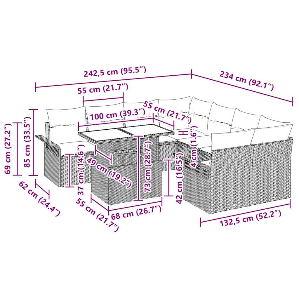 Gartensofa-set mit Kissen 9 pcs Grau Poly-Rattan