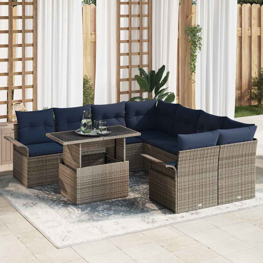 Garten-Sofa-Set mit Kissen 9 pcs Grau Poly Rattan