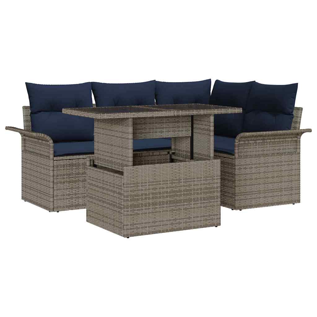 Gartensofa-set mit Kissen 5 pcs Grau Poly-Rattan