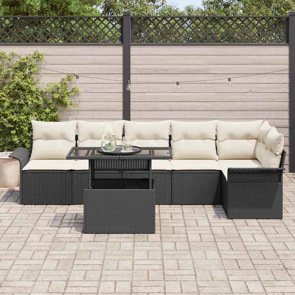 Gartensofa-set mit Kissen 7 pcs Schwarz Poly-Rattan