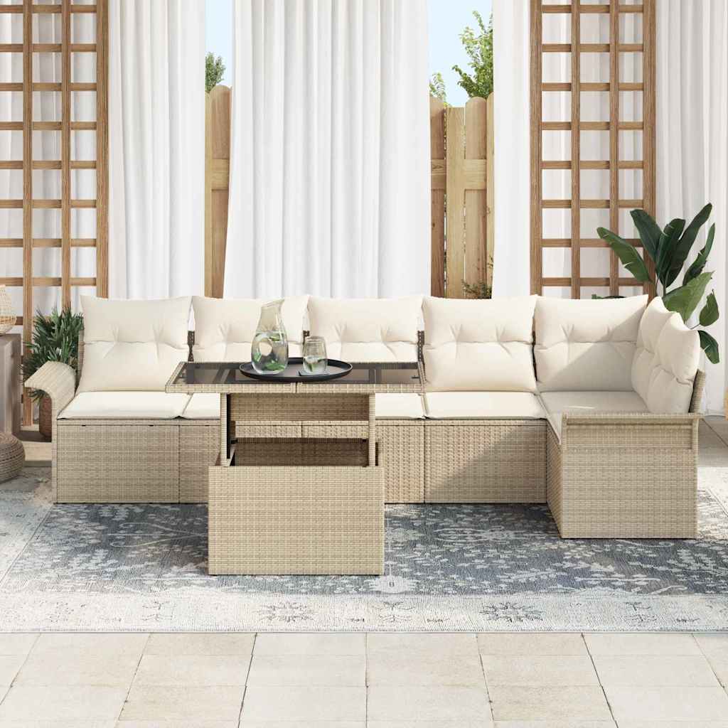 Gartensofa-set mit Kissen 7 pcs Beige Poly-Rattan