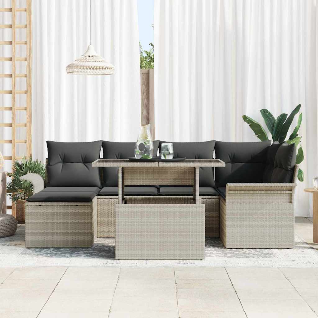 Gartensofa-set mit Kissen 7 pcs Hellgrau Poly-Rattan