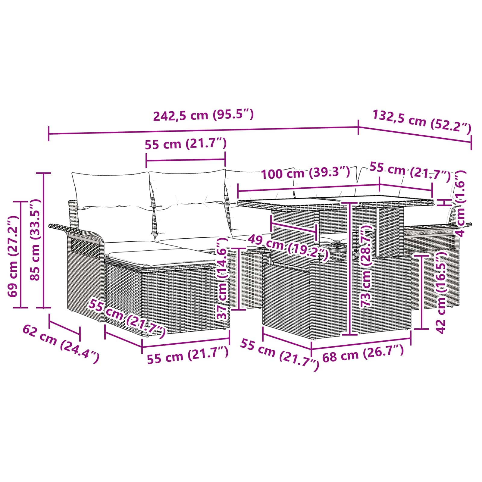 Gartensofa-set mit Kissen 7 pcs Braun Poly-Rattan