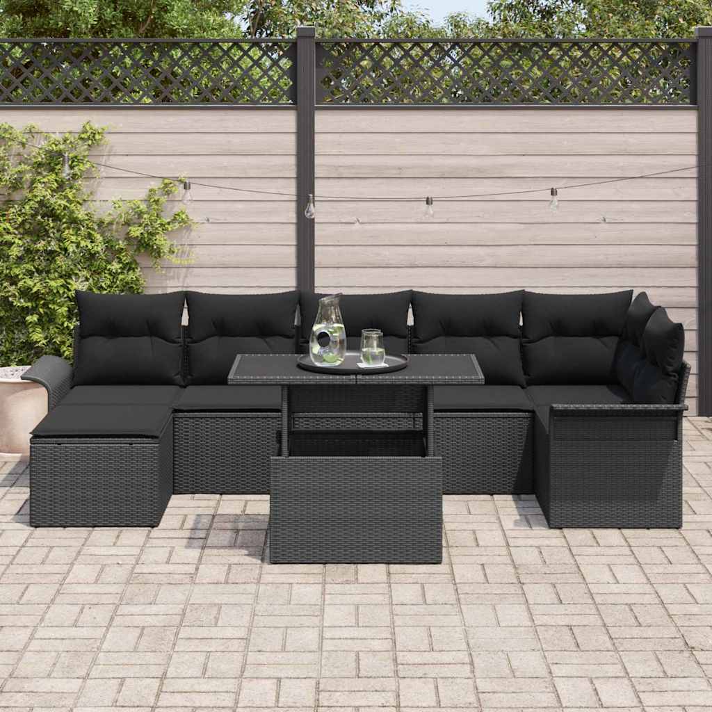 Sofa Set mit Kissen 8 pcs Schwarz Poly-Rattan