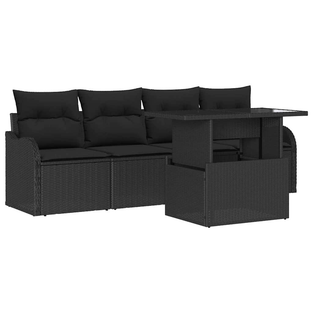 Sofa Set mit Kissen 5 pcs Schwarz Poly-Rattan