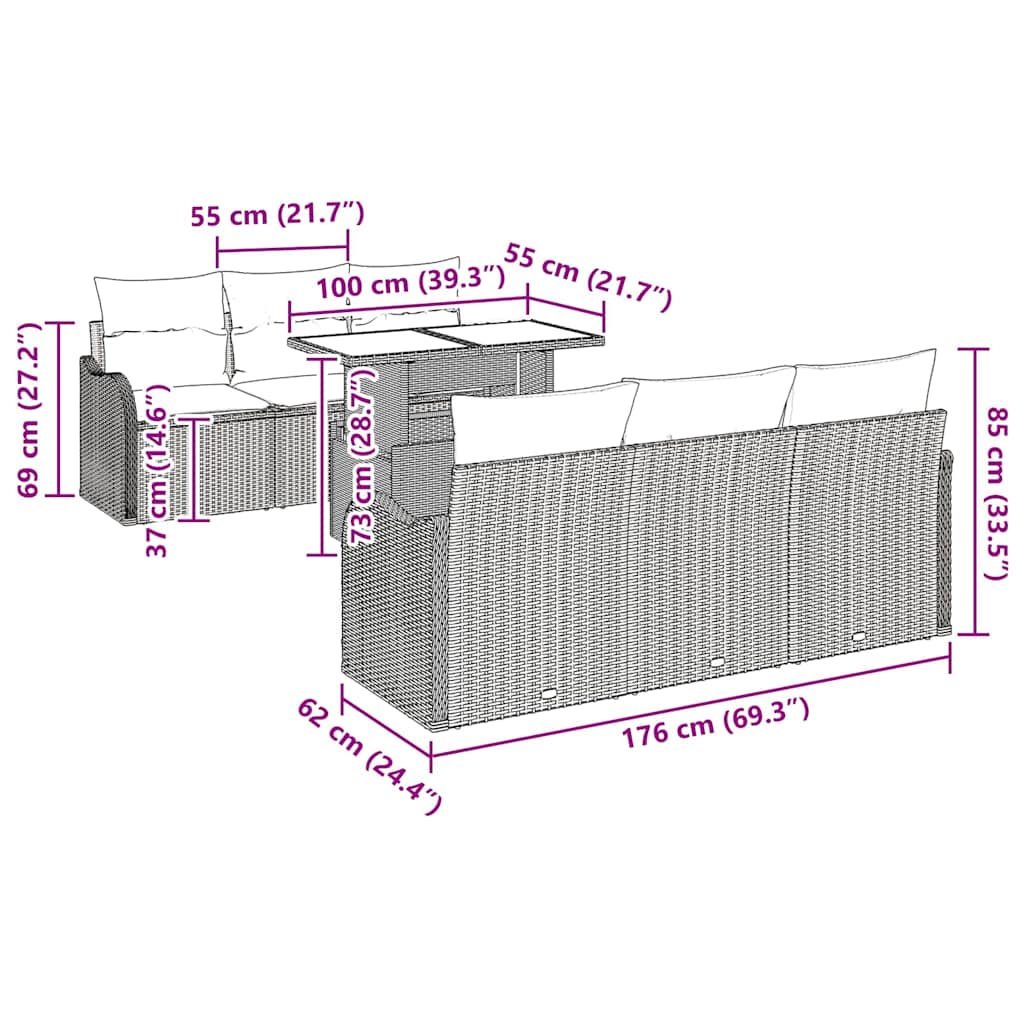 Gartensofa-set mit Kissen 7 pcs Schwarz Poly-Rattan