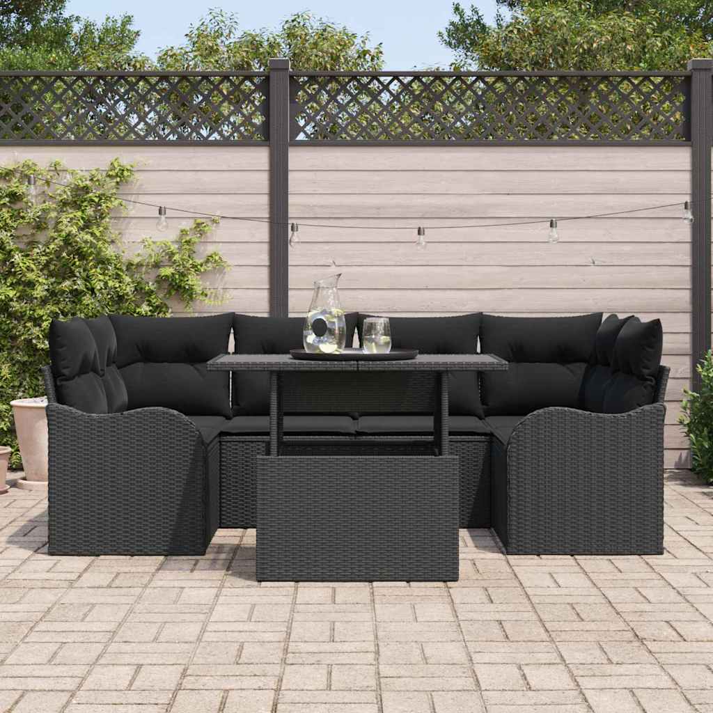 Gartensofa-set mit Kissen 7 pcs Schwarz Poly-Rattan