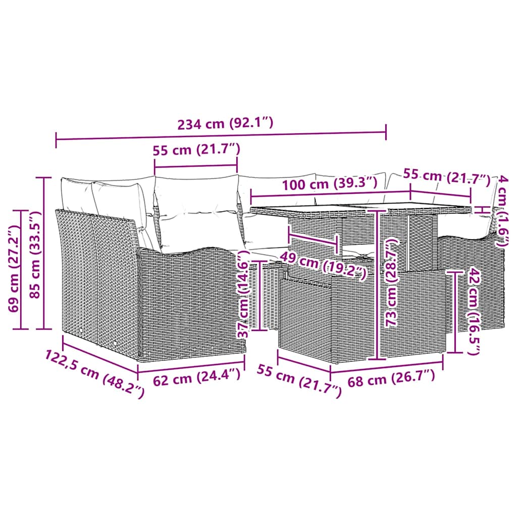 Gartensofa-set mit Kissen 7 pcs Schwarz Poly-Rattan