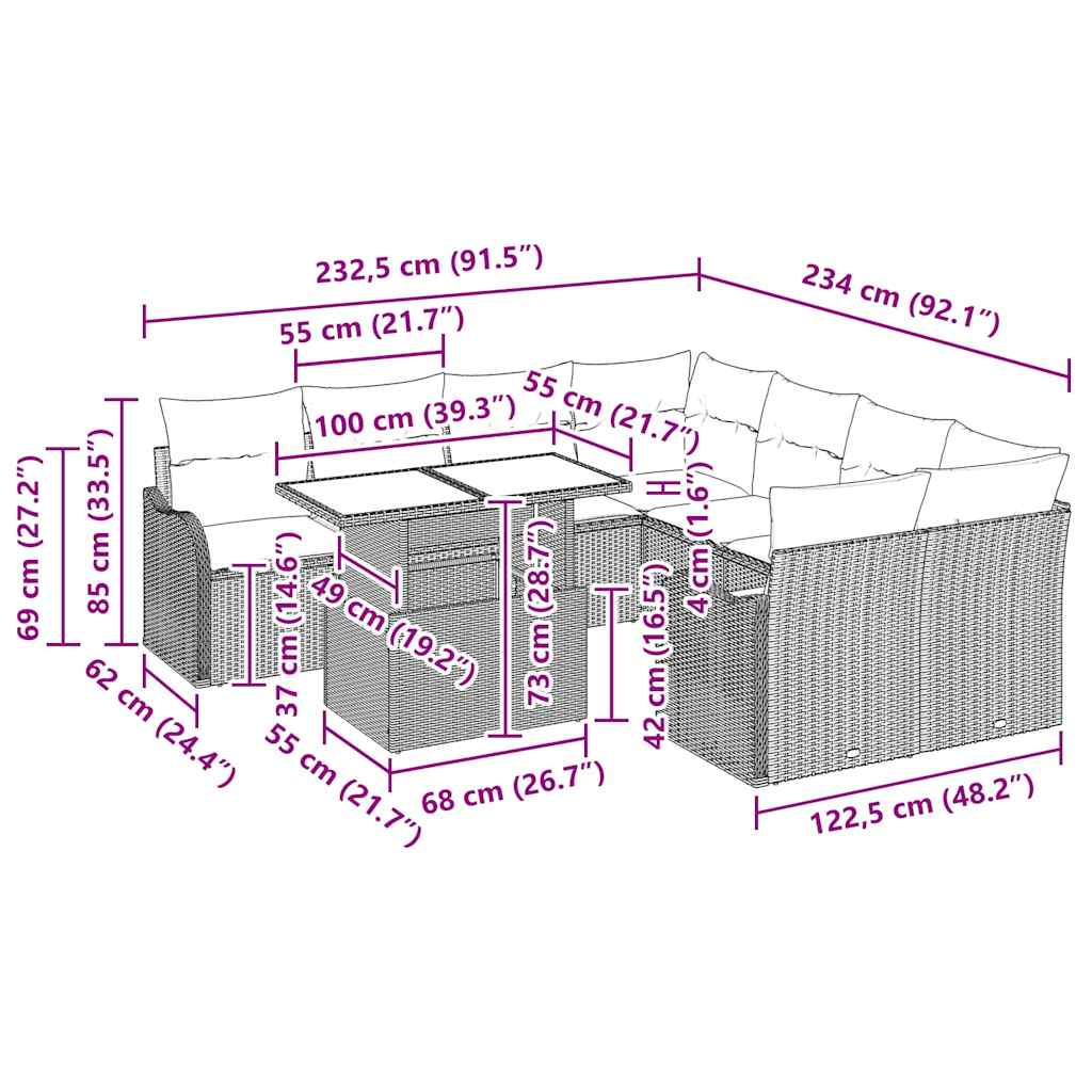 Gartensofa-set mit Kissen 9 pcs Hellgrau Poly-Rattan