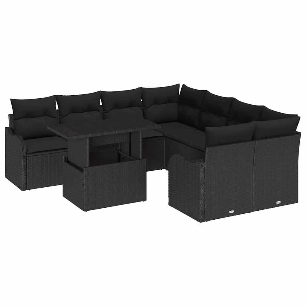 Gartensofa-set mit Kissen 9 pcs Schwarz Poly-Rattan