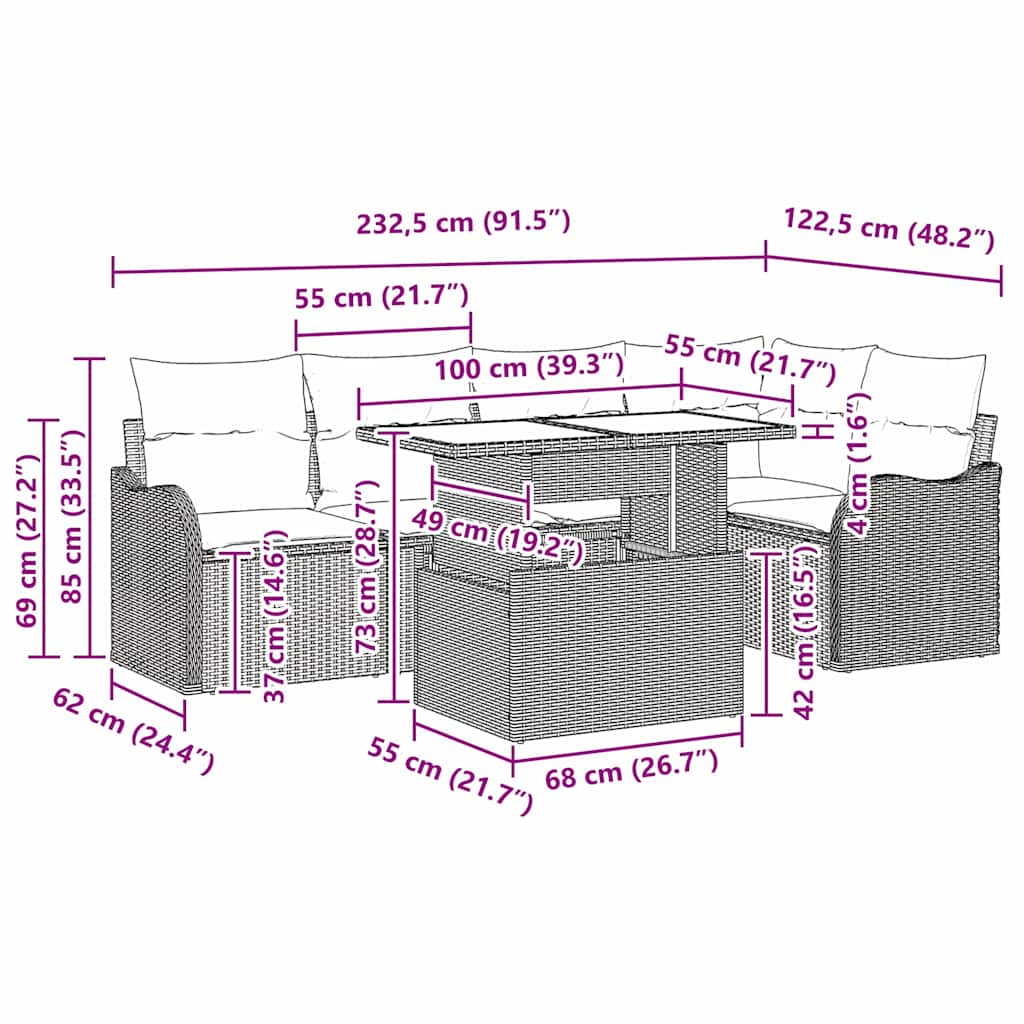 Essgruppe mit Kissen 6 pcs Beige Poly Rattan