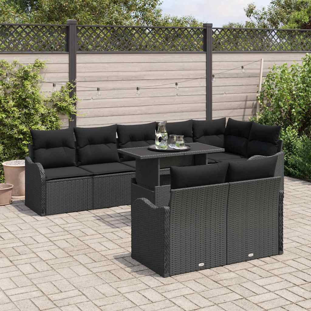 Lounge-Set mit Kissen 9 pcs Schwarz Poly Rattan