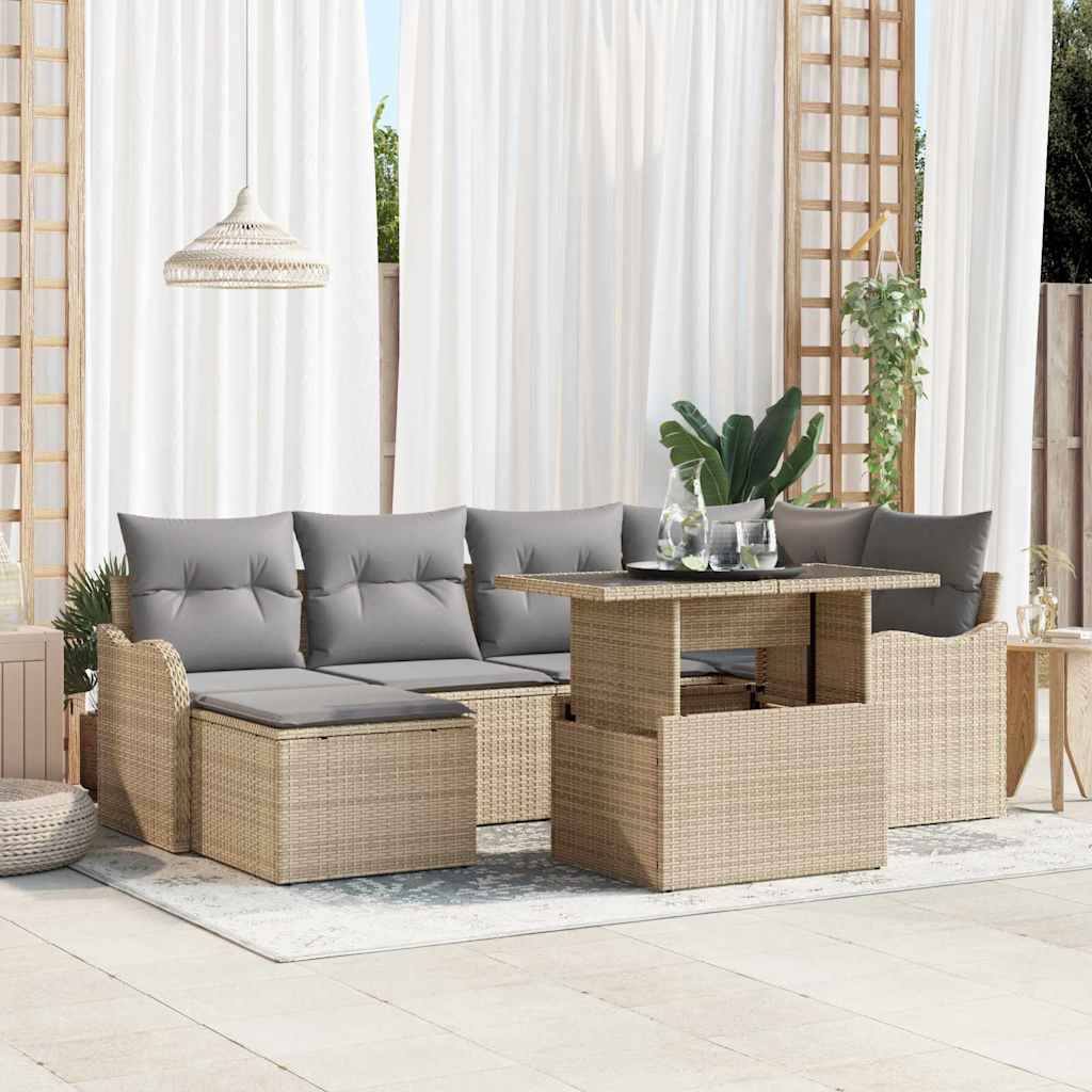 Garten-Sofa-Set mit Kissen 7 pcs Beige Poly Rattan