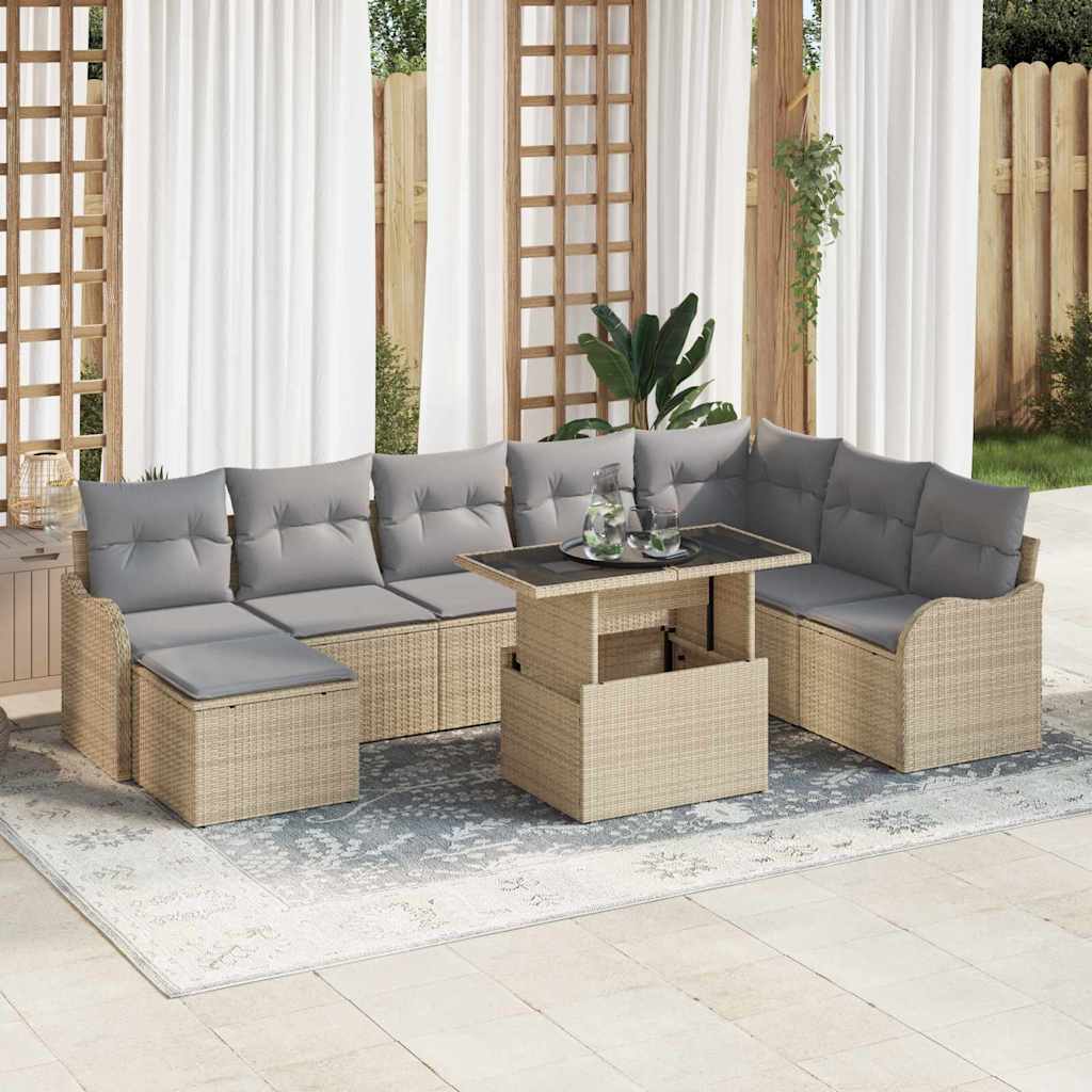 Garten-Sofa-Set mit Kissen 9 pcs Beige Poly Rattan
