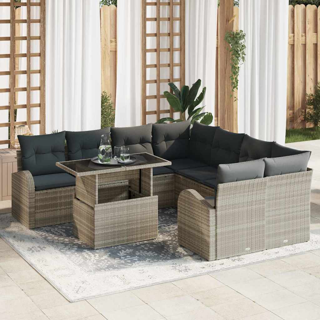 Gartensofa-set mit Speicher 9 pcs Hellgrau Poly-Rattan
