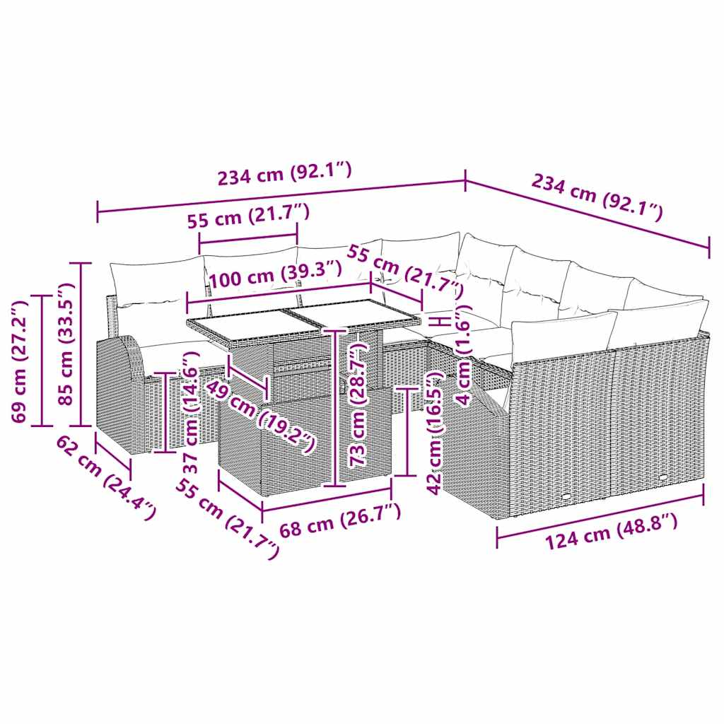 Gartensofa-set mit Speicher 9 pcs Hellgrau Poly-Rattan