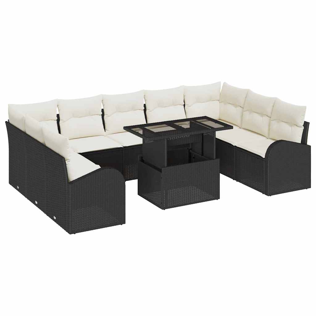 Gartensofa-set mit Kissen 10 pcs Schwarz und Creme Poly-Rattan