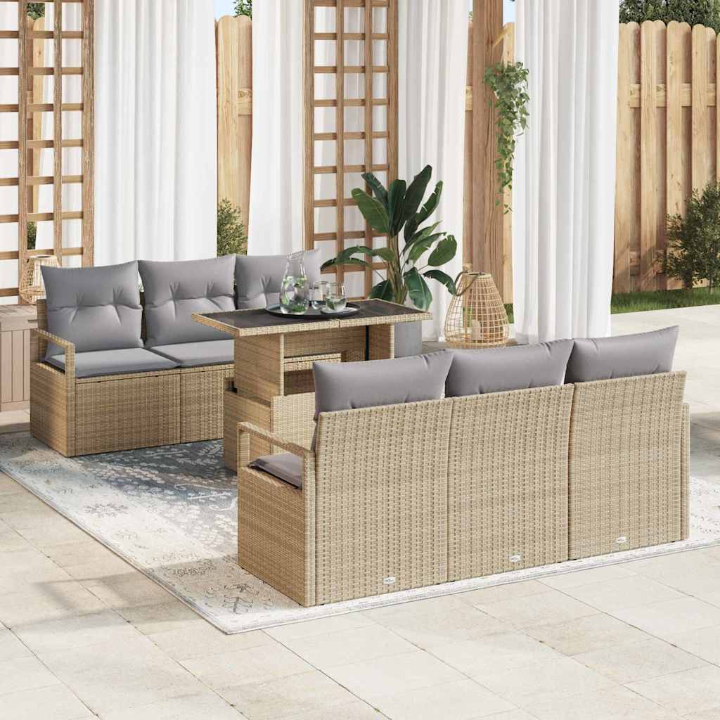 Gartensofa-set mit Kissen 7 pcs Beige und Hellgrau Poly-Rattan