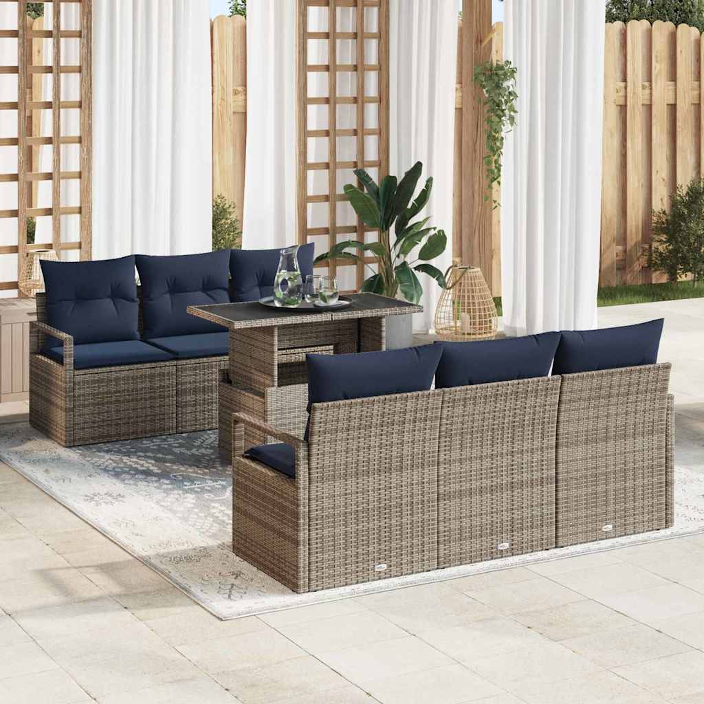 Gartensofa-set mit Speicher mit Kissen 7 pcs Grau Poly-Rattan