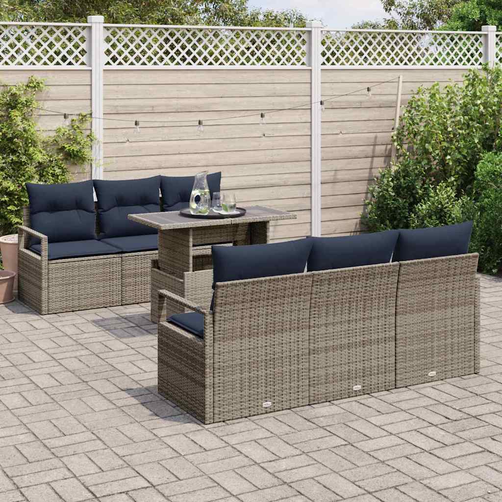 Gartensofa-set mit Speicher mit Kissen 7 pcs Grau Poly-Rattan