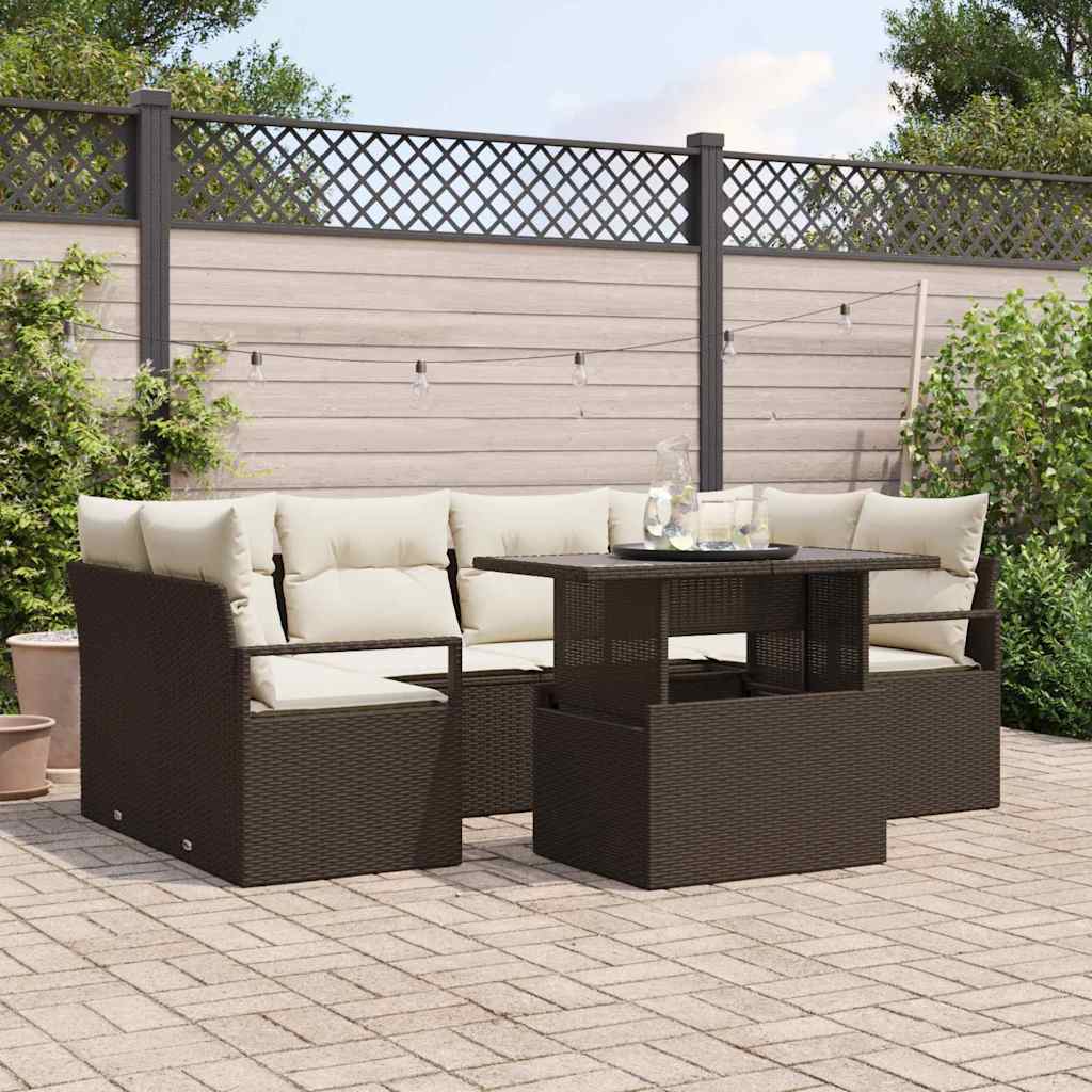 Gartensofa-set mit Speicher mit Kissen 7 pcs Braun Poly-Rattan