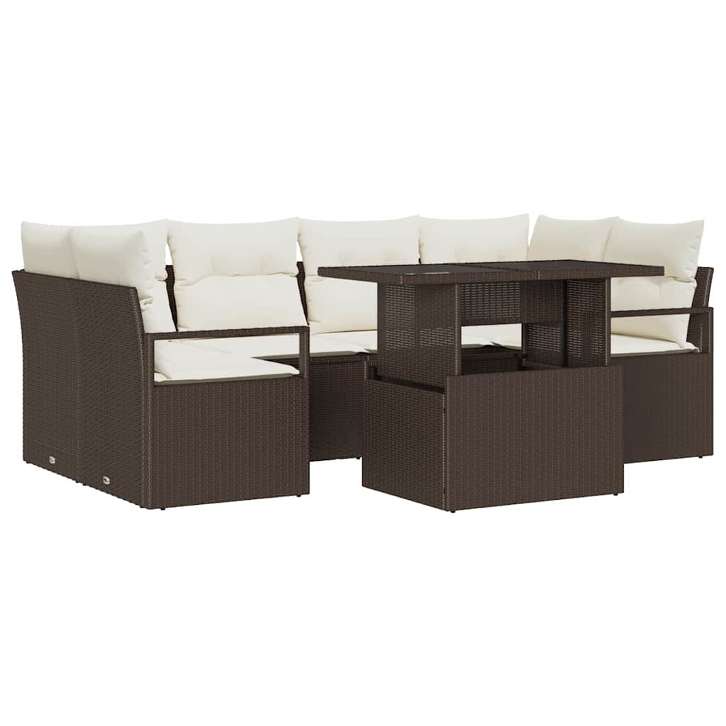 Gartensofa-set mit Speicher mit Kissen 7 pcs Braun Poly-Rattan