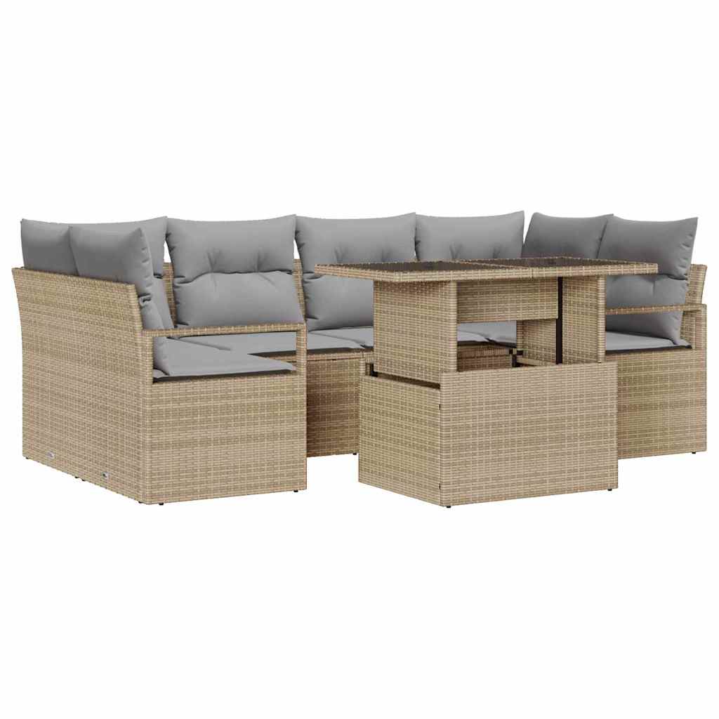 Gartensofa-set mit Speicher mit Kissen 7 pcs Beige Poly-Rattan